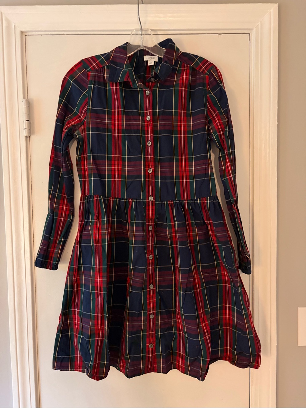 J. Crew Long-Sleeve Plaid Button-Front Dress in Red, Navy & Green